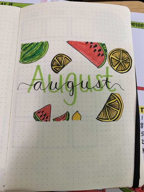 August Reading Journal Spread, Journal August, August Bullet Journal, Bullet Journal August, August Themes, Reading Journal Ideas, Bullet Journal 2020, Lemon Theme, Watermelon Summer