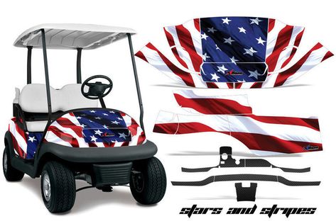 Golf Cart Designer Wraps (Stars and Stripes CC PRECEDENT) Club Car Golf Cart Accessories, Golf Cart Graphics, Golf Cart Decals, Golf Cart Body Kits, Golf Signs, Golf Cart Repair, Golf Cart Bodies, Custom Golf Cart, Racing Decals