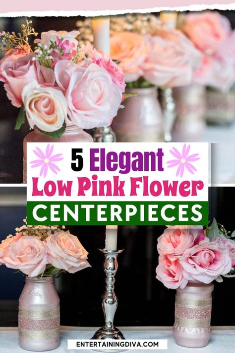 5 Simple But Elegant Pink Flower Centerpieces (That Are Low Enough To See Over) Diy Flower Centerpieces, Pink Flower Centerpieces, Simple Floral Centerpieces, Flower Centerpieces Diy, Artificial Flower Centerpieces, Diy Vases, Roses And Hydrangeas, Pink Centerpieces, Fake Flower Arrangements