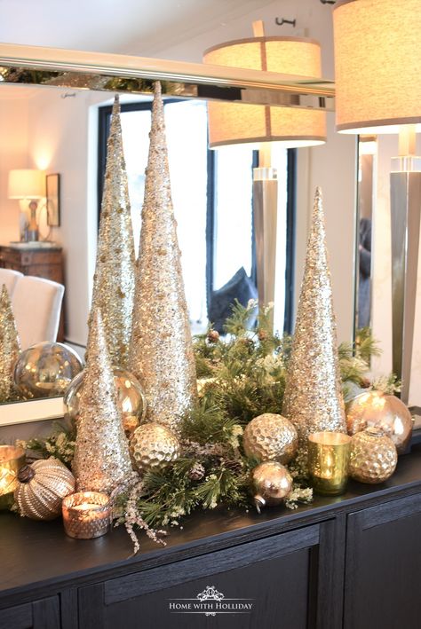 My Top Ten Posts of 2018 - Silver and Gold Glam Centerpiece - Home with Holliday    #topten #toptenposts #topten2018 #homewithholliday #christmasdecor #holidaydecor #xmasdecor Christmas Cones, Silver Christmas Decorations, Metallic Christmas, Glam Christmas, Gold Christmas Decorations, Metal Christmas Tree, Christmas Centerpiece, Gold Glam, White Christmas Decor