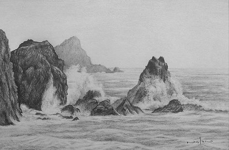 Seascape Drawing, Drawing Rocks, Ocean Drawing, Landscape Pencil Drawings, Sea Drawing, Drawing Pictures, Pencil Drawing Tutorials, Landscape Sketch, Charcoal Drawings