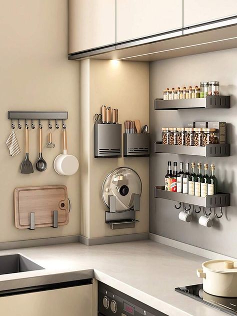 1pc Wall Mounted Aluminium Kitchen Storage Rack With Hooks For Lid, Knife, Chopstick, Seasoning Canister - Space Saving, No Drilling Required, Multi-Functional | SHEIN USA Kitchen Cutlery Storage, Organiser Cucina, Aluminium Kitchen, Kitchen Storage Hacks, Kitchen Cupboard Doors, Tiny House Layout, Cutlery Storage, Organizing Hacks, Kitchen Storage Rack