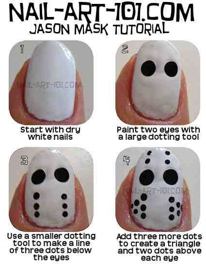 Jason mask nail tutorial Diy Halloween Nails, Halloween Nail Art Tutorial, Diy Nails Easy, Halloween Nails Diy, Craft Halloween, Halloween Manicure, Jason Mask, Halloween Nails Easy, New Years Eve Nails