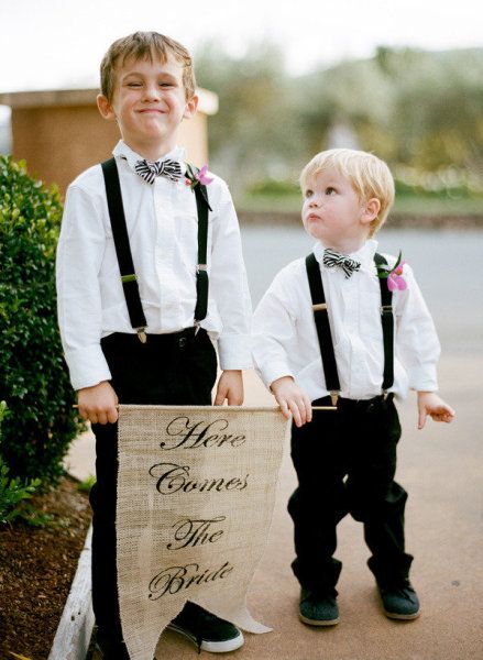 Awfully cute sign bearers ;) Ring Bearer Flower Girl, Bride Sign, Bearer Outfit, Sonoma Wedding, Dapper Dudes, Ring Bearer Outfit, Black White Wedding, Bow Tie Wedding, Southern Weddings