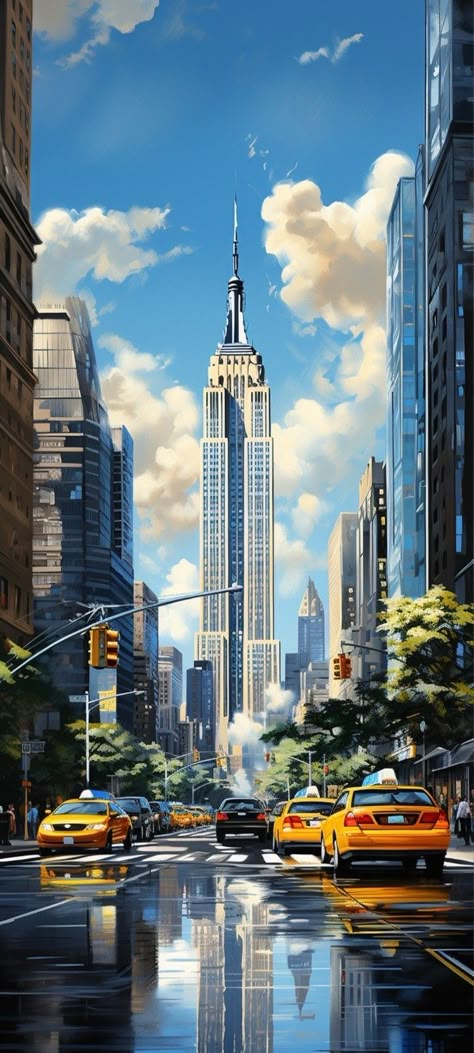 New York Scenery, New York Concept Art, Ny City Wallpaper, City Scenery Drawing, Ghibli City, New York Anime, City Scape Painting, New York Drawing, Cityscape Wallpaper