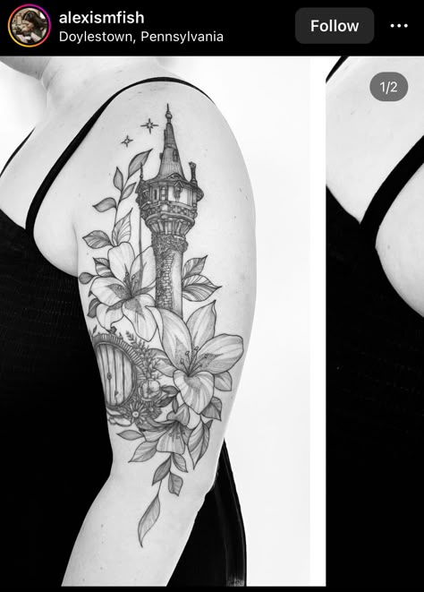 Tangled Tower Tattoo, Tangled Tattoo Ideas, Rapunzel Tattoo Ideas, Tangled Flower Tattoo, Rapunzel Tattoo, Tangled Flower, Disney Sleeve Tattoos, Disney Sleeve, Tattoo Design Book