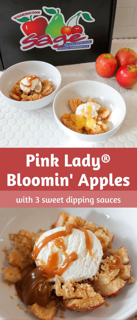 Make these Pink Lady Bloomin' Apples + 3 Sweet Dipping Sauces! Everyone knows and loves bloomin’ onions, but have you ever heard of a bloomin’ apple? Fun to eat and delicious, bloomin’ apples are one of those desserts that everyone oohs and ahhs before devouring. #dessert #apples #bloominapples Bloomin Apple Recipe, Pink Lady Apples Recipes, Bloomin Apples, Apples Recipes, Baking Process, Pink Lady Apples, Dipping Sauces, Half And Half, Apple Desserts