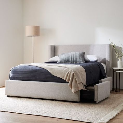 West Elm Bedroom, Simple Bed Designs, West Elm Bedding, Upholstered Storage Bed, Simple Bed, Bed Frame With Storage, Fabric Bed, Upholstered Storage, Bedroom Collection