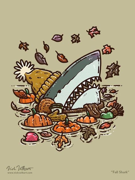 A shark peaks out of the water with a rosy nose, wearing a stocking cap, gloves, a scarf, surrounded by falling leaves Shark Background, Shark Halloween, $b Wallpaper, Dinosaur Wallpaper, Pumpkin Spice Lattes, Decorative Gourds, Shark Art, Mermaid Life, Halloween Drawings