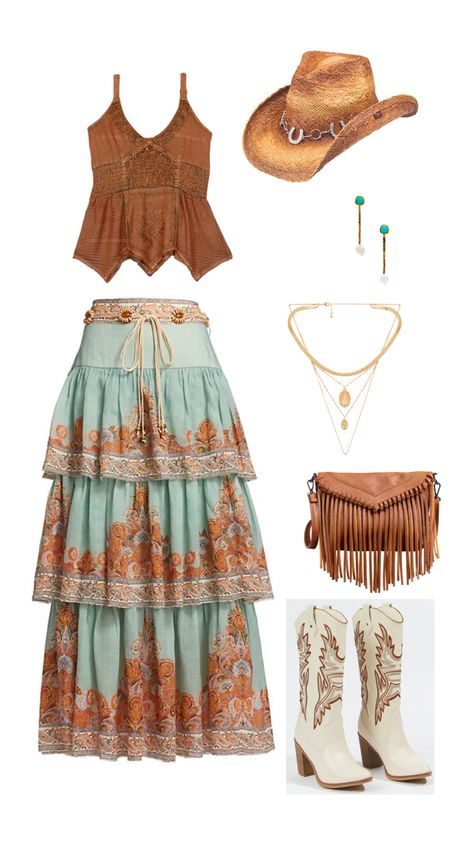 Western Performance Outfit, Rustic Cowgirl Outfit, Bohemian Cowgirl Outfits, Dress Outfits With Cowgirl Boots, Hippie Country Outfits, Coastal Cowgirl Outfit Casual, Hippie Cowgirl Aesthetic, Aesthetic Cowgirl Outfit, Western Hippie Aesthetic