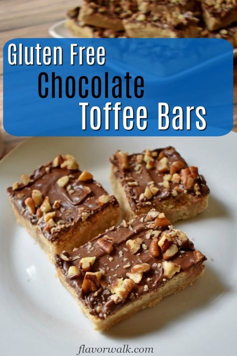 This Gluten Free Chocolate Toffee Bars recipe is the perfect treat any time you have a craving for a little something sweet. These buttery, toffee flavored bars, topped with sweet chocolate and crunchy nuts are simple and delicious. #glutenfreerecipes #chocolate #toffeebars Toffee Bars Recipe, Chocolate Toffee Bars, Bars Gluten Free, Bars Dessert, Gluten Free Bars, Best Gluten Free Desserts, Gluten Free Candy, Toffee Bars, Gluten Free Brownies