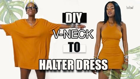 Tshirt To Dress Upcycle, How To Make A Halter Top From A Tshirt, Diy Dress From Tshirt, Diy Tshirt Dress, Diy T Shirt Dress, Tshirt Dress Diy, Tshirt Upcycle, Clothes Makeover, Shirt Transformation