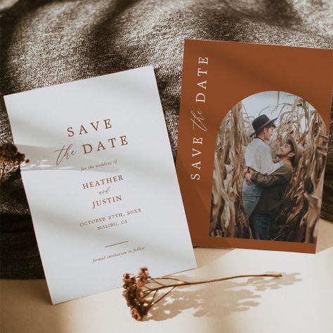 $2.97 | Terracotta Rust Burnt Orange Photo Save the Dates #calligraphy wedding, modern save the date, wedding save the date, save the date card, photo save the date, save the date photo, terracotta save the date, earthy, rust save the date, arch save the date Save The Date Boho, Minimal Save The Date, Minimal Layout, Orange Photo, Wedding Announcement Cards, Modern Save The Dates, Modern Minimalist Wedding, Save The Date Photos, Simple Invitation