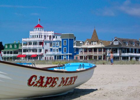 ... The beach at Cape May, NJ With a View of Victorian Homes on Beach Ave  This is cute but nothing compares to Atlantic City even in the 1960s when I went there with my parents. Then the casinos came and devoured what was left of the old Atlantic City and even the early 1980s fun is gone. But, time renews al and Atlantic City has all the time in the world to begin a new life as whatever is meant to be for the moment. Cape May Beach, Victorian Buildings, Seaside Resort, Cape May, Family Beach, Beach Getaways, Jersey Shore, Grand Hotel, Hotels And Resorts