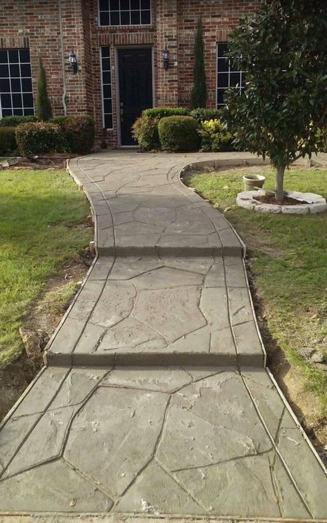 Stamped concrete walkway Driveway Stairs, Front Walkways, Stamped Concrete Walkway, Cement Steps, Front Yard Walkway, Colored Concrete, Accessible Design, River Rock Landscaping, Front Walk