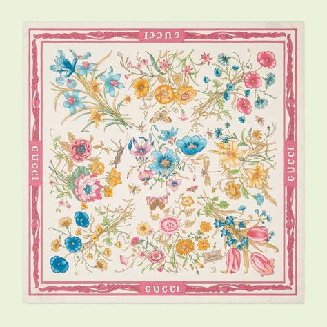 Shop the Flora print silk scarf in white at GUCCI.COM. Enjoy Free Shipping and Complimentary Gift Wrapping. Print Scarf Design, Scarf Display, Italian Silk Scarf, Gucci Flora, Flora Print, Gucci Scarf, Print Design Art, Printed Silk Scarf, Scarf Design