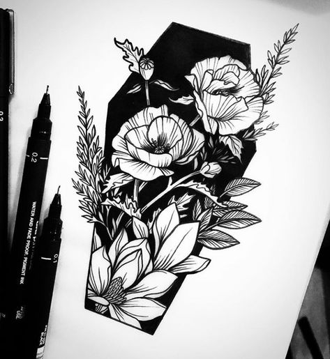 Flower coffin ⚰️ Coffin Tattoo, Flower Wrist Tattoos, Geometric Tattoo Arm, Spooky Tattoos, Flower Tattoo Sleeve, Full Sleeve Tattoos, Wrist Tattoo, Halloween Tattoos, Grey Tattoo