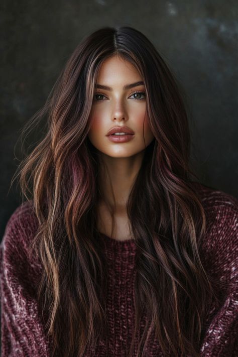 Dark Long Hair Styles, Burnett Hair Ideas, Color Block Brunette, Brunette Trends 2024, Fall Hair Color Dark Brown, Fall Hair 2024 Brunette, Red Gloss Hair, Chocolate Hair With Lowlights, Dark Hair Fall 2024