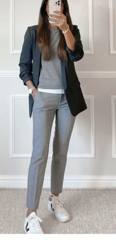 Casual Court Outfit Simple, Office Outfits Women Trainers, Womens Suits With Tennis Shoes, Gray Work Outfits Women, Athletic Business Outfit, Sneaker Professional Outfit, Gray Pant Work Outfit, Grey Ankle Pants Outfit, Comfy Business Casual Outfits Work