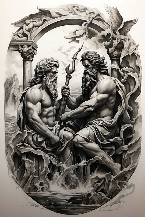 Zeus Vs Hades Tattoo, Zeus Poseidon Hades Tattoo, Cooper Tattoo, Zeus Poseidon Hades, Zeus And Hades, Hades Tattoo, Rings Tattoo, Lower Leg Tattoos, Poseidon Tattoo