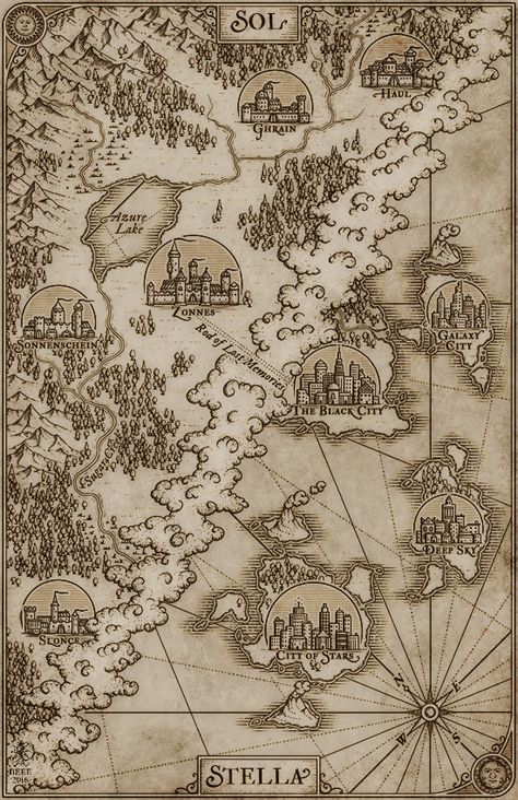 Misty Beee maps - I like the representations of towns as bubbles that give a snapshot of the location's personality Map Sketch, Fantasy Map Making, Fantasy World Map, Map Maker, Fantasy Maps, Hand Drawn Map, Drawn Map, Rpg Map, All Flags