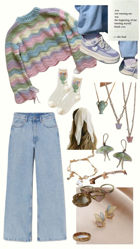 Cold spring outfit inspo #pastel #ootd #outfitinspo Cute Clothes Aesthetic Pastel, Pastel Cottage Core Outfits, Artsy Colorful Outfits, Pastel Indie Outfits, Colourful Retro Outfits, Modest Pastel Outfits, Pastel Boho Outfit, Cold Spring Outfits 2024, Pretty Outfits Spring