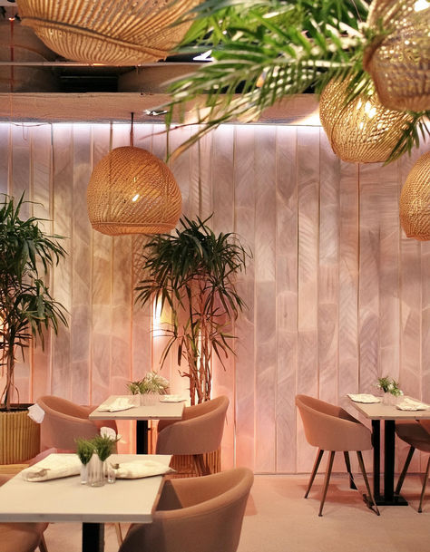 Pretty pink casual dining restaurant. Interior design with soft pink, pastel, calming and inviting decor. Tropical plants and bohemian vibes. Woven pendant lights. Palms. Tropical. Dining Restaurant Interior, Interior Design Tropical, Pink Restaurant, Bar Interior Design, Dining Restaurant, Casual Dining Restaurant, Bohemian Vibes, Bar Interior, Residential Interior Design