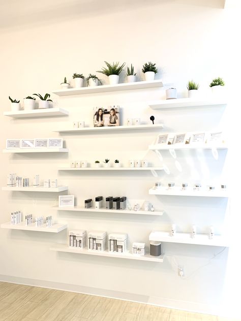 Salon Retail Display, Salon Shelves, Aloe Vera Soothing Gel, Dream Spa, White Wall Shelves, Esthetician Room Decor, Esthetics Room, Skincare Store, Retail Store Interior Design