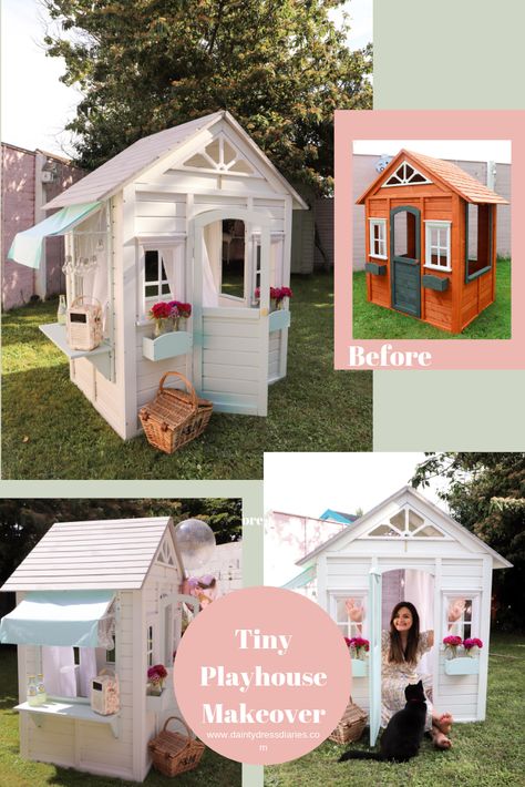 Cubby House Makeover, Wooden Playhouse Paint Ideas, Kidkraft Cozy Escape Playhouse Makeover, Playhouse Makeover Interior, Inside Playhouse Ideas, Repaint Outdoor Playhouse, Step2 Cottage Playhouse Makeover, Playhouse Paint Ideas, Playhouse Curtains