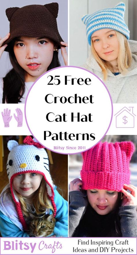 25 Free Crochet Cat Hat Patterns (Cat Beanie Pattern) Cat Hat Crochet, Cat Hat Pattern, Beanie Pattern Free, Crochet Cat Hat, Cat Ears Hat, Hat Patterns Free, Cat Beanie, Crochet Hat Free, Crochet Beanie Pattern