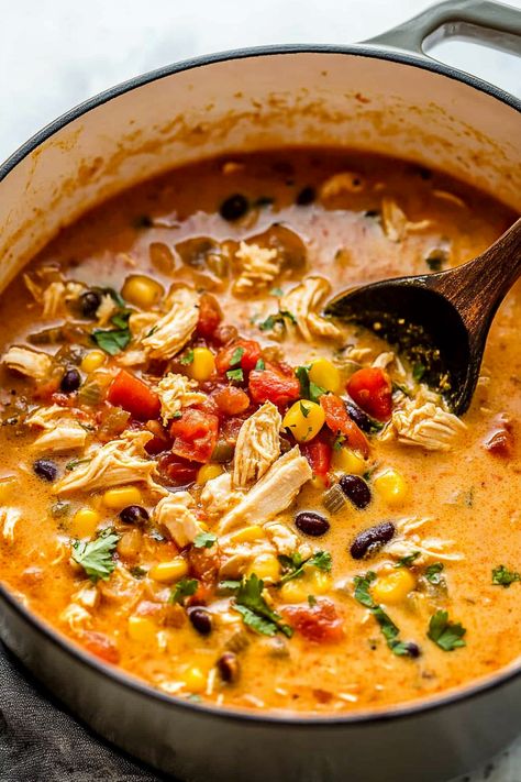 Creamy Chicken Taco Soup Creamy Chicken Taco Soup, Spicy Chicken Marinades, Chicken Gumbo Soup, Chicken Taco Soup Recipe, Creamy Chicken Tortilla Soup, Chicken Gumbo, Creamy Chicken Soup, Tortilla Soup Recipe, Taco Soup Recipe