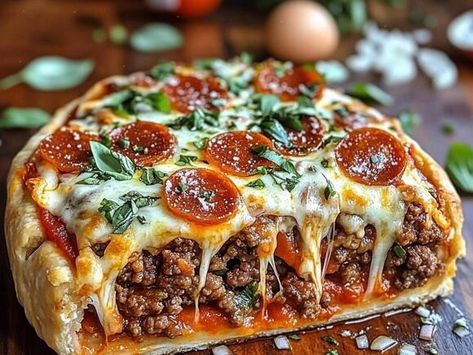 Cheesy Pizza Burger Pie, Deep Hamburger Sausage And Pepperoni Pie, Burger Pie Recipe, Pizza Burger Pie, Jalapeno Cornbread Poppers, Easy Fruit Cocktails, French Onion Meatballs Recipe, Fried Cheese Bites, Pizza Pie Recipe