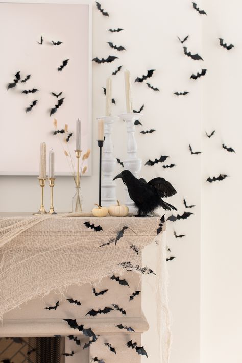 Bat Decorations On Wall, Amazon Halloween, Chic Halloween Decor, Monika Hibbs, Bat Decorations, Wallpaper Diy, Minimalist Halloween, Halloween Bat Decorations, Halloween Mantle