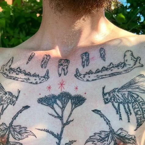 Photo Realistic Tattoo, Mirrored Chest Tattoo, Trans Masc Chest Tattoos, Cottage Core Patchwork Tattoo, Patch Work Chest Tattoos, Patchwork Chest Tattoo Female, Moon Phase Chest Tattoo, Circle Knee Tattoo, Chest Patchwork Tattoo