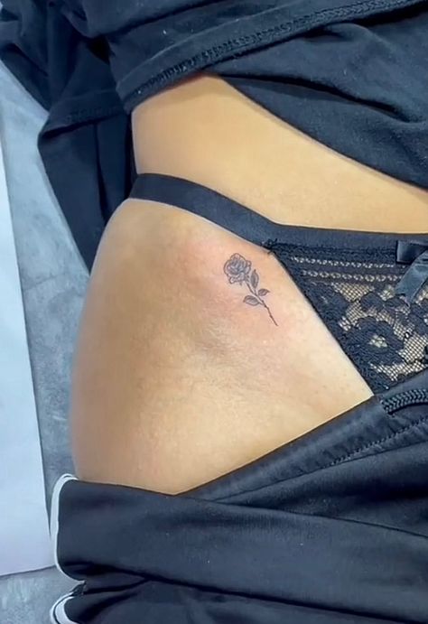 Rose Tattoos On Hip For Women, Hip Tattoos Women Rose, Dainty Hip Tattoos Women Flower, Front Of Hip Tattoo, Rose On Hip Tattoo, Hip Rose Tattoo, Small Rose Hip Tattoo, Rose Tattoo Hip, Dainty Rose Tattoo