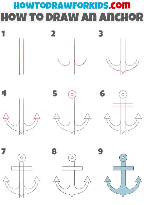 How To Draw An Anchor Step By Step, Easy Nautical Drawings, Anchor Drawing Easy, How To Draw An Anchor, How To Draw A Ship Step By Step, How To Draw A Wave Step By Step, Anchor Drawing Simple, Anchor Doodle, Sailor Drawing