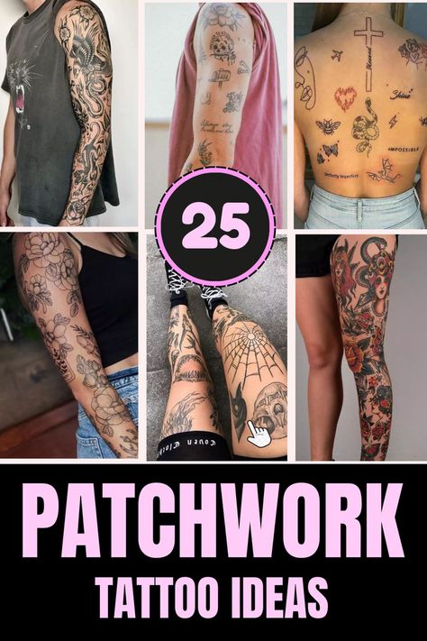 patchwork tattoo ideas Colorful Filler Tattoo, Patchwork Witchy Tattoos, Patchwork Sleeve Tattoo Filler, Mixed Tattoo Styles Sleeve, Nature Patchwork Tattoo, Small Gap Filler Tattoo, Traditional Patchwork Tattoo Sleeve, Plus Size Tattoo Placement, Patchy Sleeve Tattoo Women