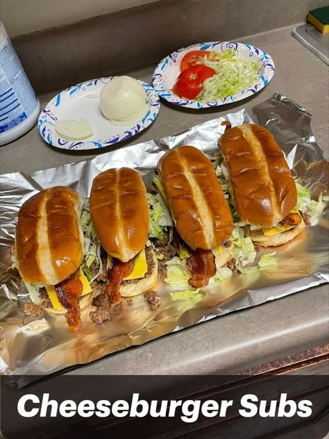 A delicious cheeseburger sub sandwich with ground beef patty, melted cheese and toppings on a sub bun Cheeseburger Subs, Classic Sandwich, Beef Bacon, 2 Hands, Sub Sandwiches, Best Party Food, Shredded Lettuce, Delicious Sandwiches, Corn Dogs