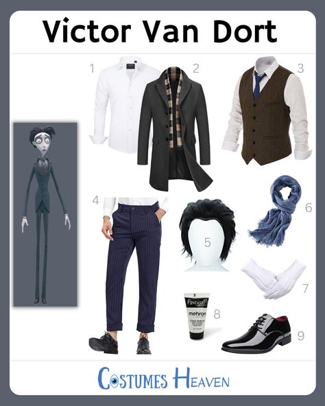 Corpse Bride Cosplay Victor, Halloween Corpse Bride Costume, Victor Van Dort Costume, Victor Halloween Costume, Victor Corpse Bride Cosplay, Victor Van Dort Cosplay, Victor Corpse Bride Makeup, Corpse Bride And Victor Costume, Victor Corpse Bride Costume