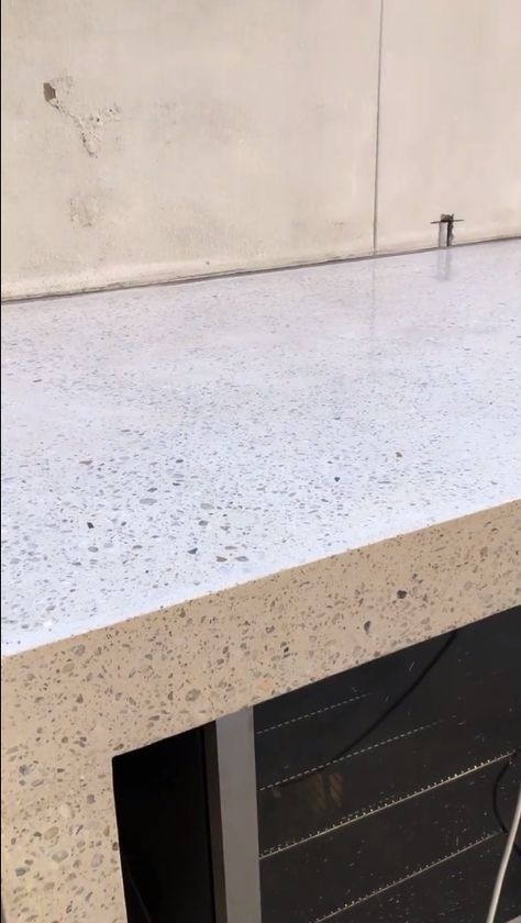 Polished Concrete Benchtop, Concrete Benchtop Kitchen, White Kitchen Bench, White Concrete Kitchen, Concrete Benchtop, Pool House Kitchen, Polished Concrete Kitchen, Concrete Bench Top, Concrete Outdoor Kitchen