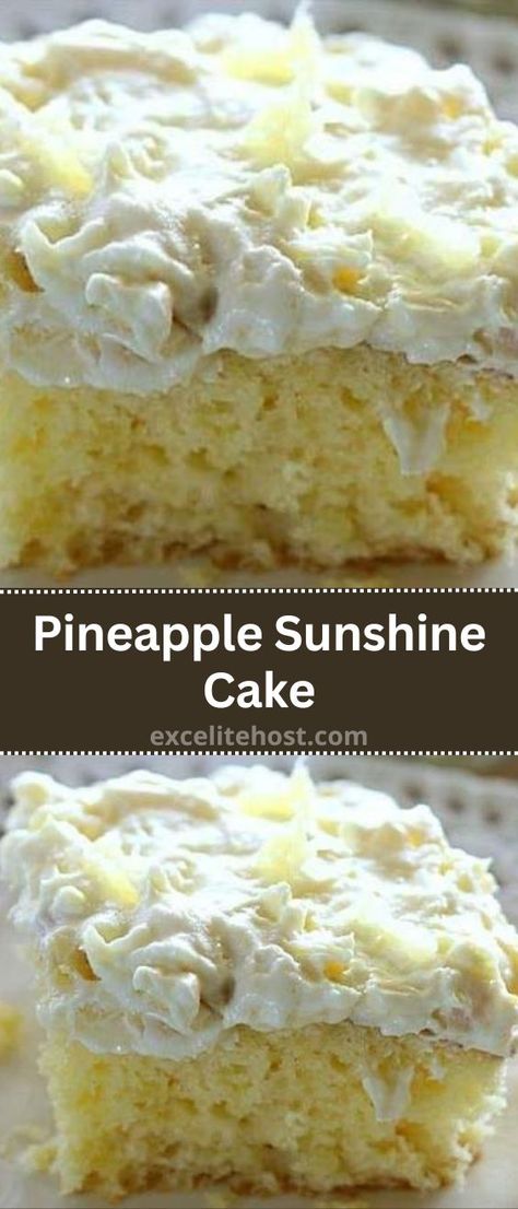 Pineapple Sunshine Cake Irish Cream Chocolate Cake, Pineapple Sunshine Cake, Cream Chocolate Cake, Yellow Cake Mix Recipes, Moist Yellow Cakes, Pineapple Cake Recipe, Recipes Using Cake Mix, Sunshine Cake, Yellow Cake Recipe