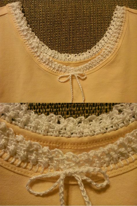 Crochet On Clothes Edge, Crochet Into Fabric, Crochet On Tshirt, Knit Fashion Runway, Crochet Thread Projects, Buttonhole Stitch, Crochet Border Patterns, Crochet Trim Top, Crochet Tie