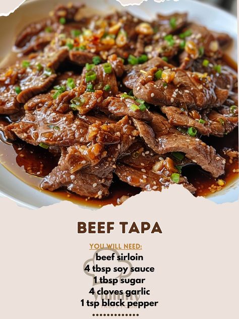 🥩 Savory Beef Tapa: A must-try Filipino classic that's perfect for any meal! #TapaTime 🍽️ Beef Tapa 🛒 Ingredients: 500g beef sirloin, thinly sliced 4 tbsp soy sauce 1 tbsp sugar 4 cloves garlic, minced 1 tsp black pepper 3 tbsp vinegar Cooking oil for frying 👩‍🍳 Instructions: Marinate: Mix beef with soy sauce, sugar, garlic, pepper, and vinegar. Chill overnight. Fry: Heat oil, fry beef until browned. Serve: Enjoy with garlic rice and fried eggs. ✨ Discover the rich flavors of our Beef Tap... Asian Beef Recipes, Beef Tapa, Garlic Rice, Asian Beef, Filipino Foods, Beef Sirloin, Fried Beef, Fried Eggs, Pinoy Food