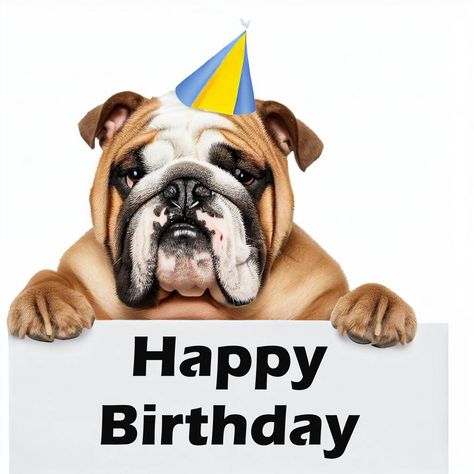 Bulldog Happy Birthday, Holding A Sign, Dog Bulldog, Happy Birthday Dog, Birthday Dog, Happy Birthday Funny, Birthday Funny, Dog Cards, Birthday Hat