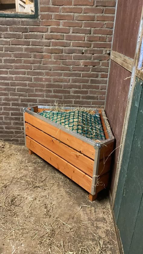 Wooden Hay Feeder For Horses, Horse Feeder Ideas Stalls, Tie Stalls For Horses, Hay Storage Ideas Horses, Horse Stall Hay Feeders, Stall Hay Feeder For Horses, Horse Set Up, Slow Feeders For Horses, Small Feed Room Ideas