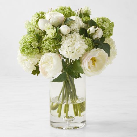 Faux Hydrangea & Rose Floral Arrangement | Williams Sonoma Rose Floral Arrangements, Green Centerpieces, White Flower Arrangements, Hydrangea Centerpiece, Hydrangea Arrangements, Green Bouquet, Faux Hydrangea, Hydrangeas Wedding, Faux Floral Arrangement