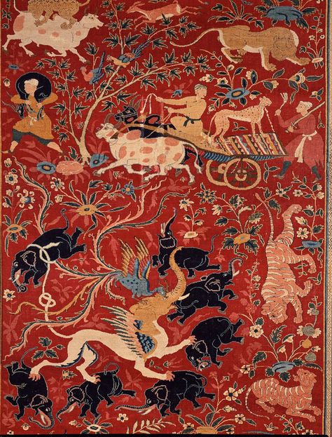 Pictorial carpet (detail). Cotton warp and weft with wool knotted pile, Northern Indian (Lahore), Mughal dynasty, about 1590–1600 Indian Carpet, Persian Art Painting, Folk Art Flowers, Rug Hooking Patterns, Unicorn Art, Plaster Art, Buddha Art, Historical Art, Abstract Canvas Painting