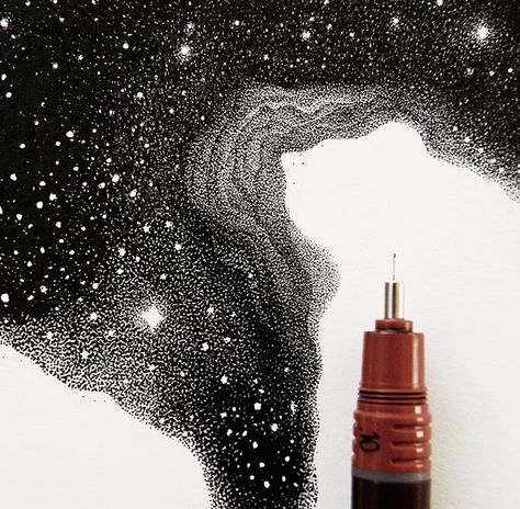 Space Illustration Black And White, Dot Painting Black And White, Night Sky Ink Drawing, Space Pen Drawing, Galaxy Drawing Black And White, Space Tattoo Black And White, Black And White Space Tattoo, Tattoo Night Sky, Dot Drawing