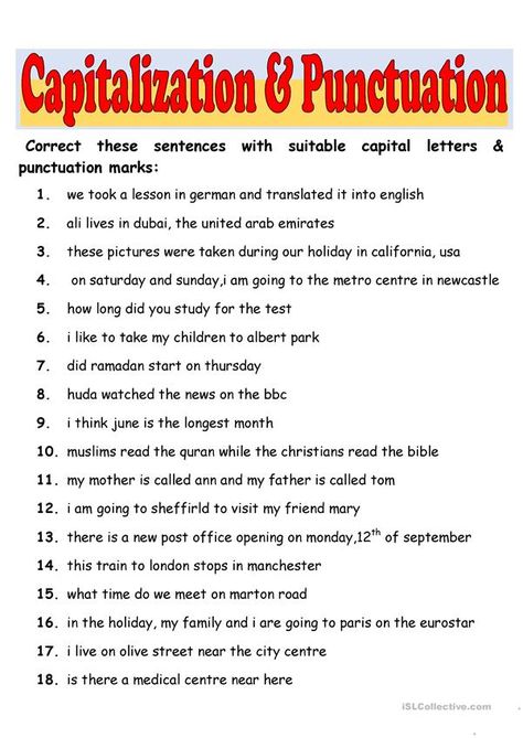 Capitalization & Punctuation - English ESL Worksheets for distance learning and physical classrooms English Punctuation Worksheets, Capital Letters And Punctuation, Capitalization Worksheets, Paragraph Worksheets, Capital Letters Worksheet, Punctuation Worksheets, Spelling Worksheets, English Grammar Worksheets, Grammar And Punctuation