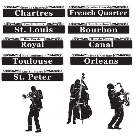 Mardi Gras Bourbon Street Cutouts New Orleans 50th Birthday, New Orleans Jazz Party Theme, Jazz Party Theme, New Orleans Signs, Mardi Gras Silhouette Ideas, Mardi Gras Street Signs, Prom Tickets, Family Reunion Themes, New Orleans Party